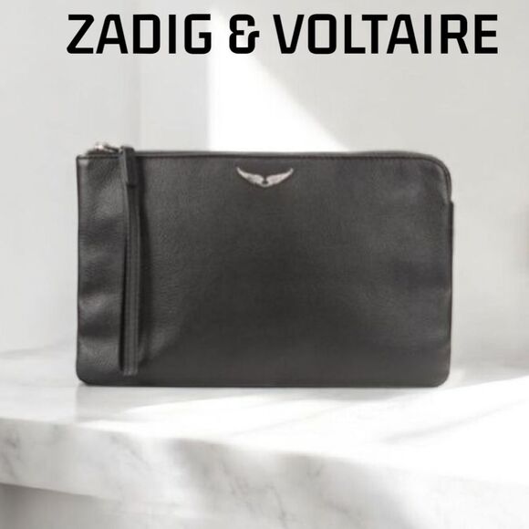 Zadig & Voltaire UMA WING Black Leather WRISTLET NWT - Picture 1 of 4